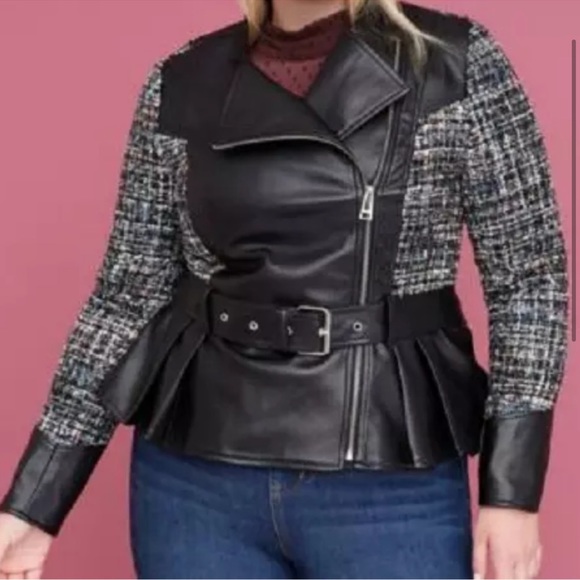 Lane Bryant Moto Jacket with Tweed Contrasting
Sleeves Buckle Belt faux Leather - Picture 3 of 8